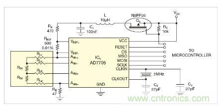 圖1：測量電路測三個點的值，微控制器就可以計算出傳感器值。