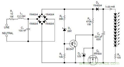 圖2：斬波工作類似圖1中的電路，但以較大的LED串聯(lián)電阻代替了恒流源，提供限流功能