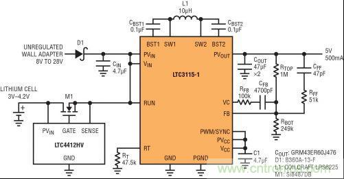 圖7：LTC3115-1與LTC4412HV相結(jié)合，以獲得由單節(jié)鋰離子電池和未穩(wěn)壓交流適配器提供的雙輸入5V電源