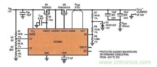 圖8：LTC4364 提供了針對過壓、短路或反向電壓的內(nèi)置輸出端口保護功能