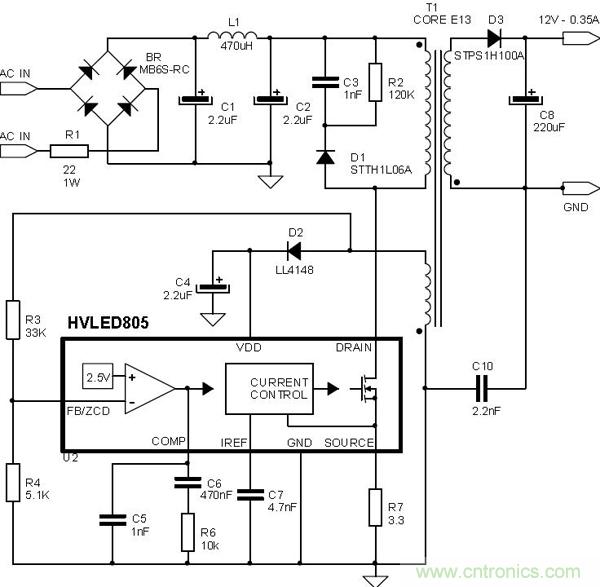 首個最簡單、器件最少的LED驅動電路設計