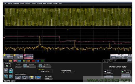 紅色曲線F2(中心)顯示了掃頻正弦波FFT中的每個頻率的峰值或最大值。曲線F1(底部)是沒有應用最高或最大值的FFT。F2描述符盒子顯示了最高功能的設置