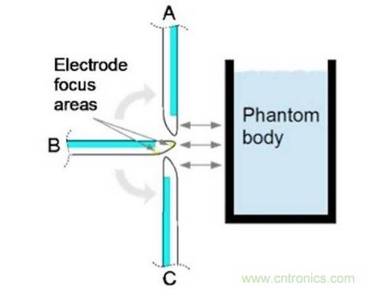 相對(duì)于假想體測試角的電極焦點(diǎn)區(qū)域。