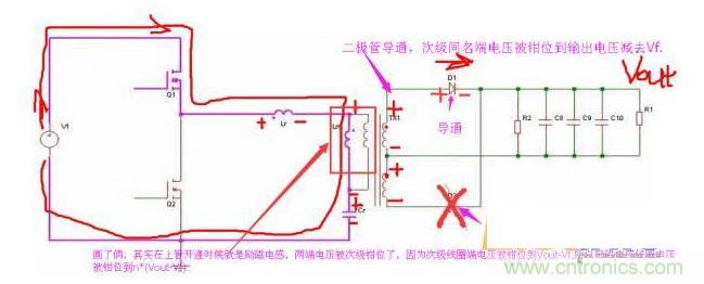 上管開通，注意諧振電感、勵磁電感、諧振電容的正負