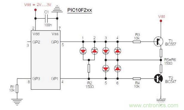 測試選擇PIC10F200，固件以兩個(gè)獨(dú)立、簡單的匯編程序源代碼的方式提供。