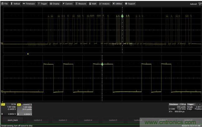 使用CustomDSO運行VB腳本&ldquo;zoom_Track.lss&rdquo;。當腳本運行時，縮放波形的中心將跟蹤水平的光標絕對位置。從圖中可以看出，光標將永遠位于縮放波形Z1的中心