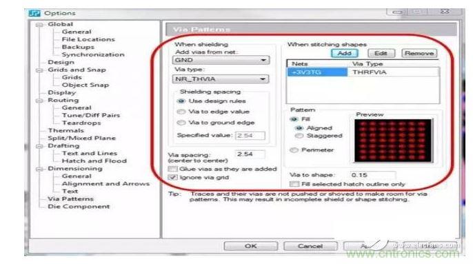 利用支持射頻設計的PCB 設計工具，您可以設置用于生成過孔模式的設計規(guī)則，并自動在您的設計中強制實施這些規(guī)則，從而節(jié)省您的時間和確保符合您的所有設計規(guī)則。