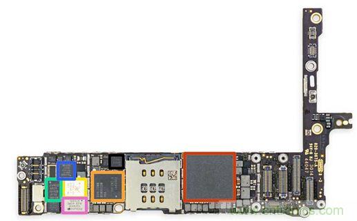 iPhone 6 Plus主板采用1GB RAM的蘋(píng)果A8 SoC作為核心部件。（來(lái)源：iFixit）