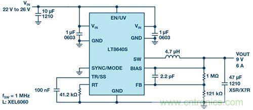 42 V、6 A（峰值7 A）、超低EMI輻射、高效率降壓型穩(wěn)壓器