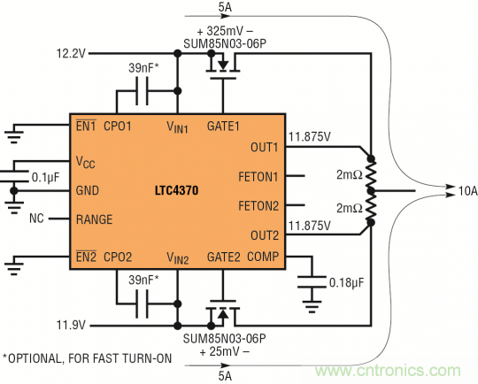 針對三個或四個電源的簡易平衡負載均分，即使電源電壓不等也絲毫不受影響