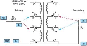   材料  ? ADALM2000主動(dòng)學(xué)習(xí)模塊 ? 無(wú)焊試驗(yàn)板和跳線套件 ? 一臺(tái)HPH1-1400L 6繞組變壓器 ? 一臺(tái)HPH1-0190L 6繞組變壓器 ? 兩個(gè)100 Ω電阻  說(shuō)明  在無(wú)焊試驗(yàn)板上構(gòu)建圖2所示的電路。需要使用此設(shè)置來(lái)測(cè)量初級(jí)/次級(jí)匝數(shù)比為1:1的三種不同配置下，兩個(gè)變壓器型號(hào)各自的頻率響應(yīng)。兩個(gè)紅色箭頭表示在初級(jí)和次級(jí)使用同一個(gè)線圈的配置中連接源電阻和負(fù)載電阻的位置。藍(lán)色箭頭對(duì)應(yīng)的是在初級(jí)和次級(jí)使用兩個(gè)串聯(lián)線圈的配置。綠色箭頭對(duì)應(yīng)的是在初級(jí)和次級(jí)使用三個(gè)串聯(lián)線圈的配置。
